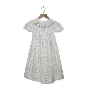 Delaney Girls Dress Size 4 Smocked Easter Bunny Polka Dots Button Back